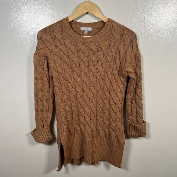 J. Crew Cotton Cable-knit Side-slit Crewneck Sweater Size XS Small Brown Cozy - Picture 2 of 11